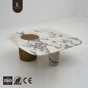 Meja Kopi Marmer Alami Mewah Kelas Atas Gaya Mewah untuk Kondominium Modern Elegan Putih Persegi Rendah dengan Kaki Kuningan - Product Image 5