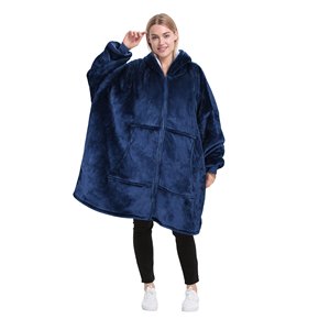 Manta com Capuz Moderna Azul Marinho de Flanela Macia e Sherpa, com Zíper Completo, Antiácaros, Quente, para Uso Doméstico e Festivais - Product Image 1