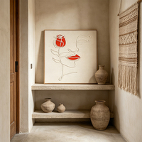 Art mural abstrait corde et tissu artisanal, motif lèvres rose, tableau décoratif minimaliste pour maison moderne