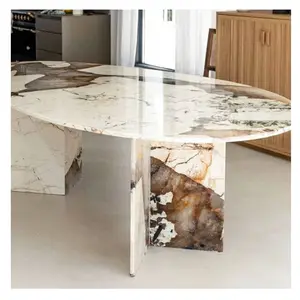 Beige travertine sitting table Designer pedestal base table en marbre honed set 200cm big round center leg dining table