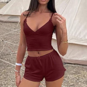 Ropa de Verano QINSI para Mujer, Etiqueta Personalizada, Conjunto de Pijama de Dos Piezas, Camisola y Pantalones Cortos, Ropa de Dormir Sexy para Mujer, Color Sólido - Product Image 1