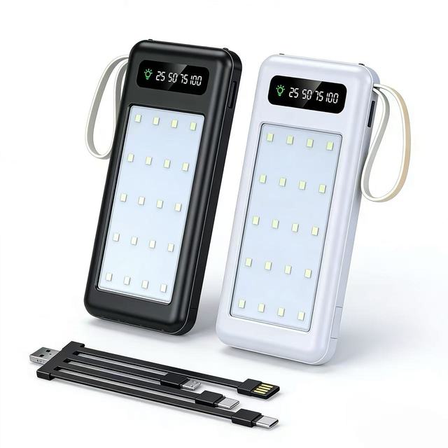Hot Sale Big Capacity Outdoor Camping LED Display Power Bank 30000mAh Portable Extra Battery Charger Cables Flashlight 10W