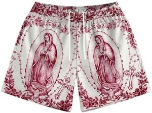 Men's Gray Printed <b>Shorts</b> With Virgin Mary And Cross Design Elastic Waist Casual Breathable Sport <b>Shorts</b> - Product Image 6