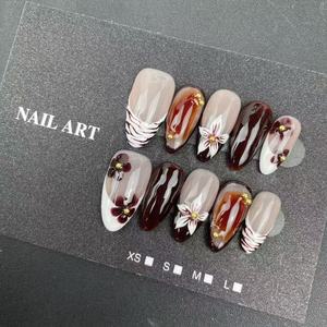 <span class=keywords><strong>Uñas</strong></span> Postizas de Almendra Hechas a Mano de Alta Calidad al por Mayor de Fábrica, <span class=keywords><strong>Color</strong></span> Café, Estilo Floral de Verano, Reutilizables - Product Image 2