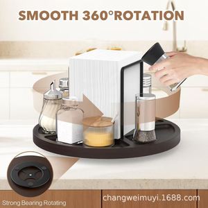 Solid Wood <b>Spice</b> <b>Rack</b> Round <b>Rotatable</b> With Paper Towel Holder Kitchen Seasoning Storage Organizer - Product Image 3