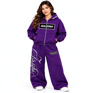 Wholesale <b>Women</b> Custom Logo <b>Purple</b> <b>Tracksuit</b> Set, Oversized Zip Up Hoodie with Wide Leg Sweatpants, OEM Streetwear Apparel - Product Image 1