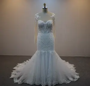 فستان الزفاف المورد الحبيب انظر من خلال العاج فستان زفاف طويل الأكمام البوق الدانتيل زين ذيل السمكة