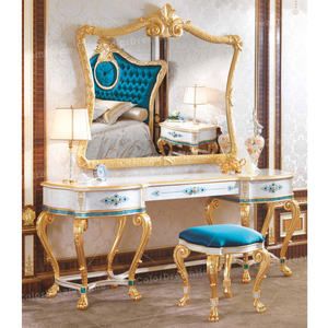 Juego de dormitorio de cama tallada clásica europea en exquisito tono azul tapizado para dormitorios principales en mansiones - Product Image 5