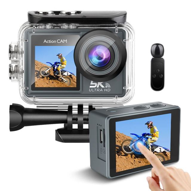 2.0+1.3 Inch Touchscreen EIS 30m Waterproof WiFi 5K Action Camera with Wireless Microphone for Sports Recording
