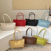 Sac fourre-tout en cuir PU tressé, 7 couleurs, lot de 2, couleur bonbon, grande capacité, sac à bandoulière ajouré, sac à main de plage pour femme