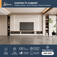 Système de meubles muraux TV sur mesure avec texture bois, gris foncé, éclairage LED intégré, pour salon de villa et divertissement