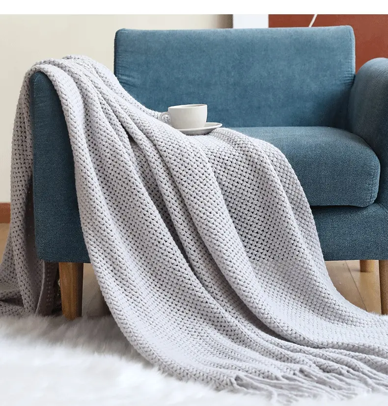 New polyester texture soft cozy warm beige light gray solid large chic sofa throw travel yoga blanket For Winter