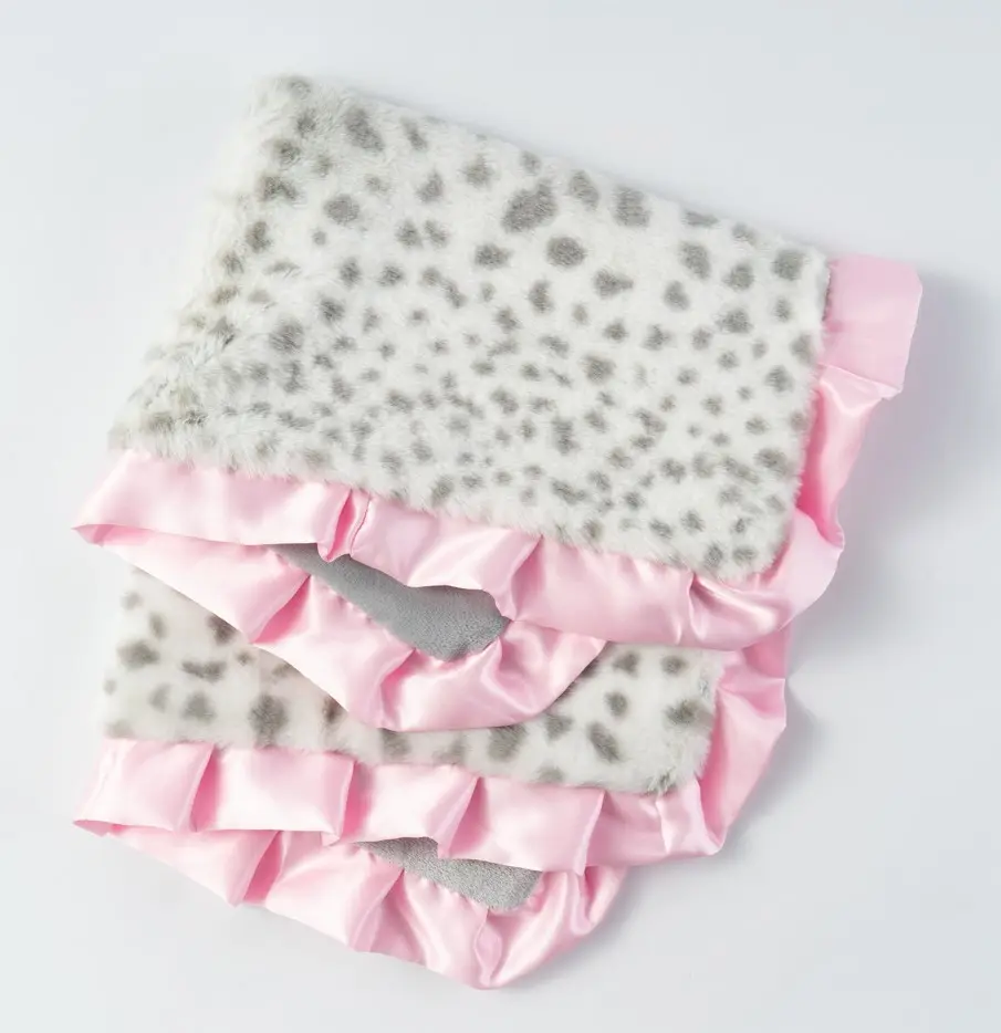 Manta de franela con adorno de satén para bebé, manta de piel sintética con estampado de leopardo rosa, Unisex, para cuna y cochecito, gran oferta