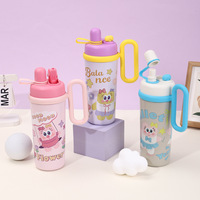 Bouteille d'eau isotherme en acier inoxydable de 700 ml pour enfants, avec poignée, motif dessin animé, grande capacité, mignonne, avec double paille