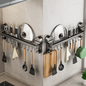 Excellent Wall Mounted <b>Kitchen</b> Storage Rack With <b>Hooks</b> For Spatula Spoon Knife Pot Lid Organizer Punch Free Installation - Product Image 1
