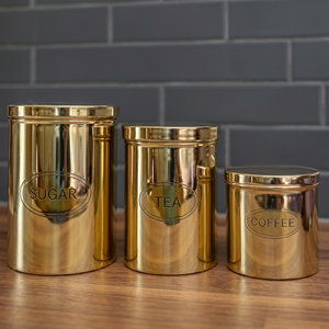 Golden Metal Spice <b>Canisters</b> <b>Set</b> Round Airtight Food Storage Containers Minimalist Design - Product Image 3