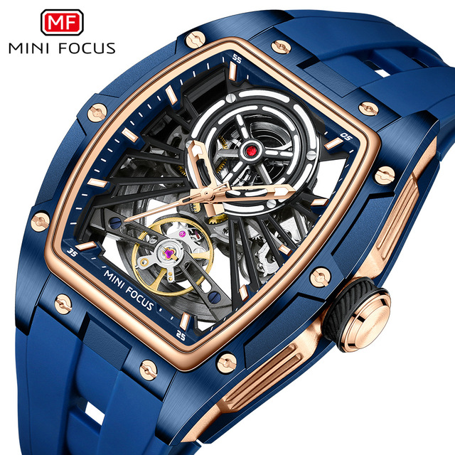 MINI FOCUS Skeleton Automatic Watch for Men Tonneau Stainless Steel Case Outdoors 50m Water Resistance Silicone Sport Band 0603G