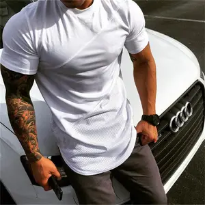 Customized solid color long men's casual breathable T-shirt trendy men's sports fitness stitching bodybuilding short sleeves