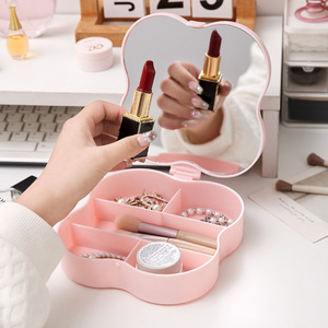 Four Leaf Clover Makeup <b>Mirror</b> With Storage Compartments Portable Desktop Organizer For Women And Students Pink And <b>White</b> - Product Image 3