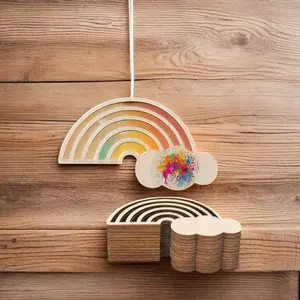 Unfinished Folk Art Decoration Hollow Rainbow Wooden Chip Hanging Tag Plywood Folk Art Style Rainbow Shape Tag