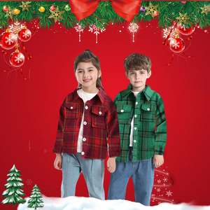 Veste <span class=keywords><strong>courte</strong></span> à simple boutonnage brossée de style européen américain pour garçons et filles Chemise à carreaux à manches longues et col rabattu - Product Image 2