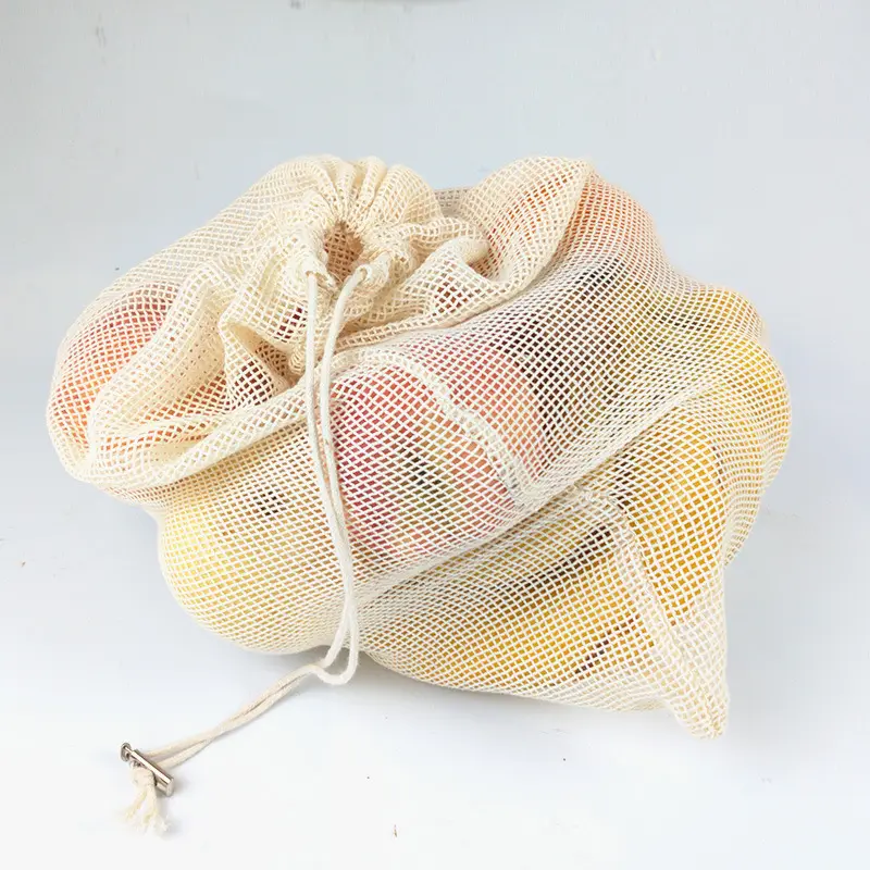 Recycled shopping cotton canvas natural color mesh drawstring bag with custom size custom logo vegetable fruits grocery bag