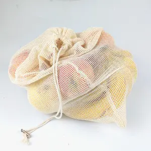 Borsa con coulisse in rete di colore naturale in tela di cotone riciclato con logo personalizzato di dimensioni personalizzate borsa per la spesa di frutta e verdura