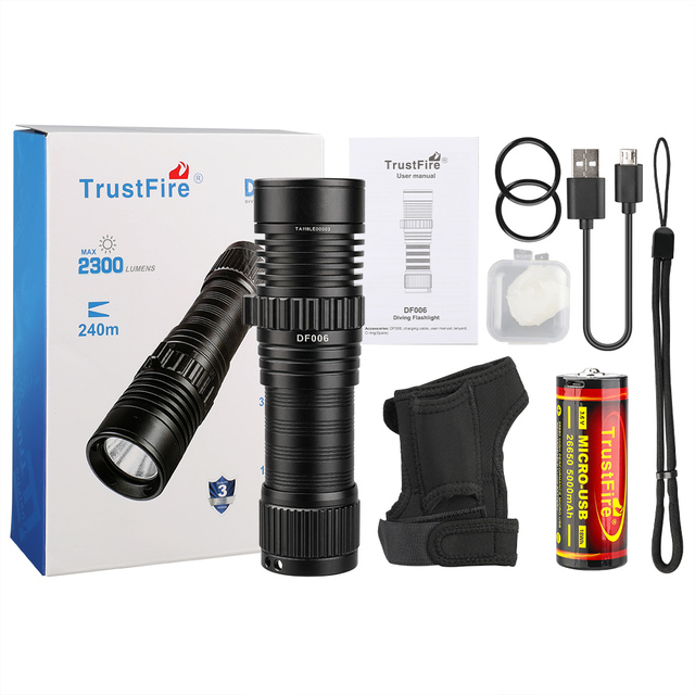 Aluminum Alloy Deep Sea Diving Flashlight 2300LM LED USB Rechargeable IP68 Waterproof Long Runtime Scuba Torch with Gloves