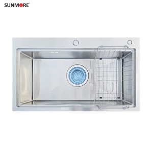 Évier de cuisine professionnel SUNMORE en acier inoxydable 304, fait main, à cuve unique, avec design de bassin carré profond - Product Image 1