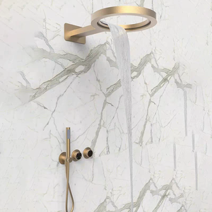 Ensemble de robinet de douche de bain rond moderne pommeau de douche thermostatique mural en laiton <span class=keywords><strong>cascade</strong></span> d'or brossé pour hôtels - Product Image 1