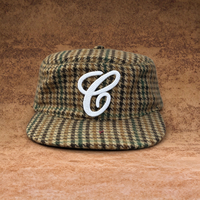 Casquette Pillbox Pied-de-Poule Personnalisée Broderie Point de Chaînette Visière Plate Mélange de Laine Sangle en Cuir Réglable Boucle Métallique Unisexe