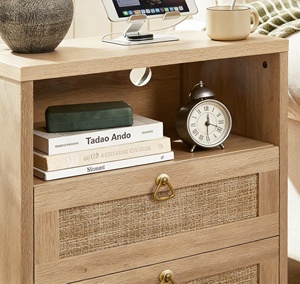 Table de chevet en bois style ferme avec tiroir en rotin, étagère ouverte et gestion des câbles, rangement frontal ouvert - Product Image 2