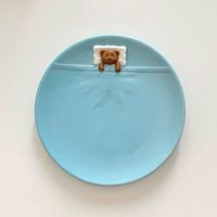 Assiette à dîner en céramique ronde avec motif d'ours mignon, rose et bleue, pour salade, accessoires de cuisine