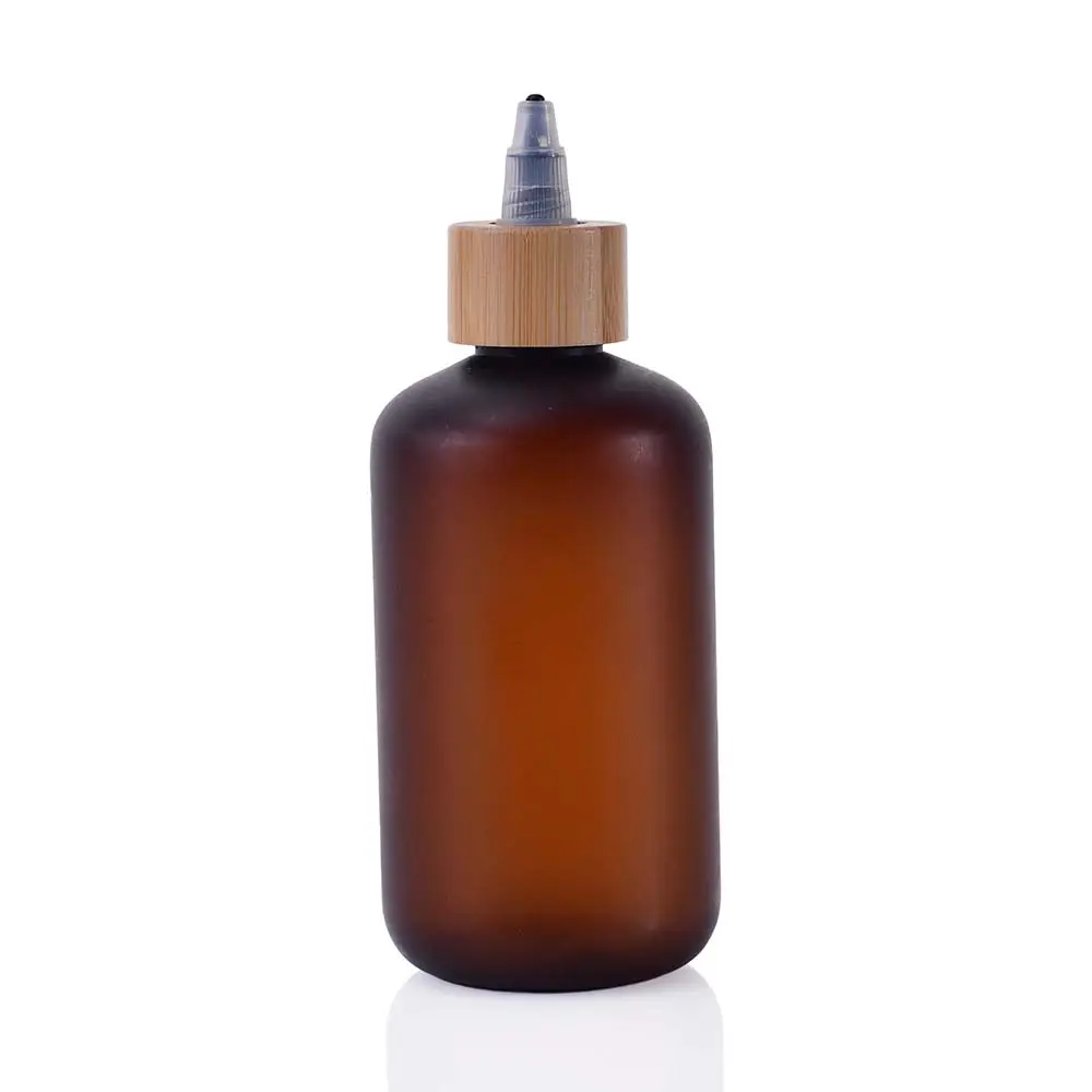 Sıkmak aplikatör saç yağı 60 ml 120ml 250ml 500ml temizle buzlu amber plastik şişe bambu büküm üst kapağı ile