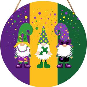 Décoration de porte d'entrée de plaque de porte naine de carnaval, plaque en bois de point vert jaune violet suspendu rond - Product Image 5