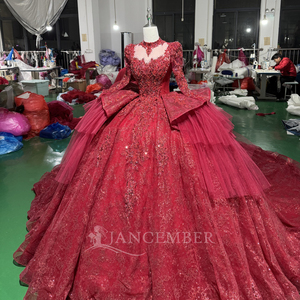 Vestido de Gala Rojo de Lujo Xs257 para Quinceañera, con Cuentas de Cristal, Bordado de Encaje, Manga Larga, Largo hasta el Suelo, para Madrina de 15 Años - Product Image 4