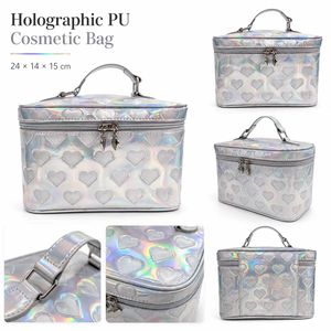 OEM ODM Holographic PU Cosmetic <b>Case</b> Large Capacity Travel <b>Makeup</b> Organizer Bag with Double Zipper Top Handle Wholesale - Product Image 5