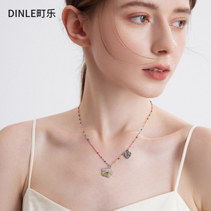 DINLE สร้อยคอลูกปัดหลากสี จี้หน้ายิ้ม สร้อยคอผู้หญิง สร้อยคอหรูหราเบาๆ เครื่องประดับสำหรับงานปาร์ตี้ - Product Image 2