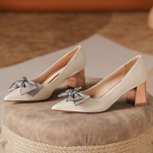Satin Pumps Pointed Toe Block Heel <b>With</b> <b>Bow</b> Formal Wedding Party <b>Shoes</b> - Product Image 1