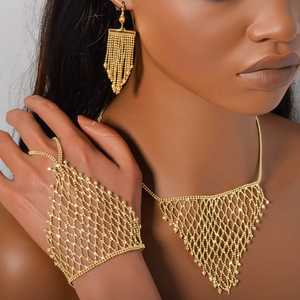 Ensemble de bijoux de mariage bohème de luxe en zircon plaqué or 14 carats avec pampilles, boucles d'oreilles, bague, collier et bracelet - Product Image 2