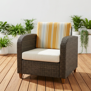 Outdoor Wood Garden <b>Chair</b> with Yellow Striped <b>Cushion</b> Contemporary Design Durable Frame Turned Legs for Living Room & <b>Dining</b> - Product Image 3