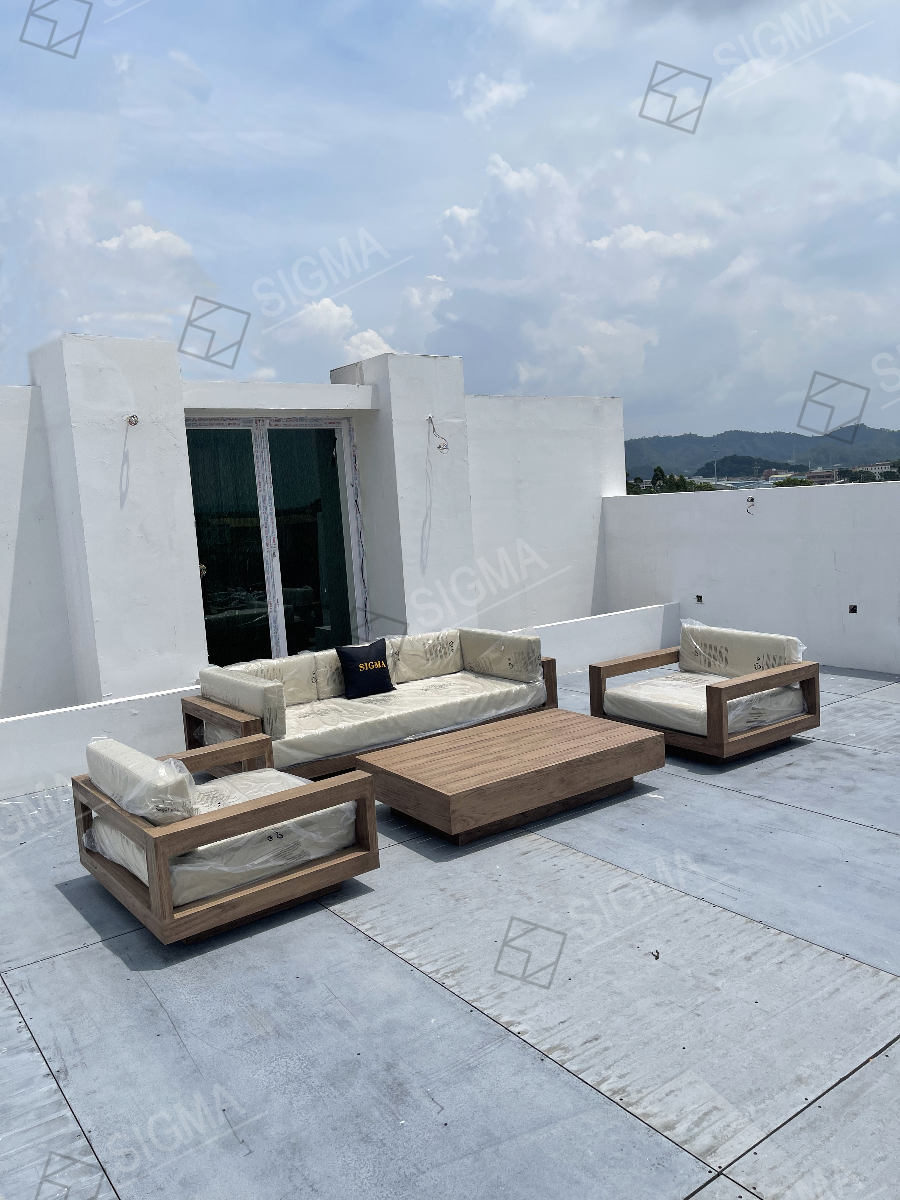 Jinhua Sigma Custom Modern Teak Wood Outdoor Furniture Luxury Patio Sofa Set for Villas Courtyards Hotels Parks Rattan-Infused
