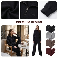 Ensemble deux pièces décontracté pour femme : pull en laine brodé uni à col en V et revers, et pantalon large en maille ample