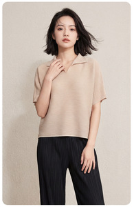 Blusa Elegante Miyake con Cuello en V y Pliegues, Manga Corta, Estilo Relajado y Drapeado, para Uso Diario, Ropa Occidental para Mujer, PY 2026 - Product Image 6