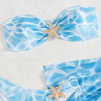 Vrouwen strapless bikini driedelige set zeesterprint decor doorschijnende mesh rok sexy strandbadkleding grensoverschrijdende groothandel