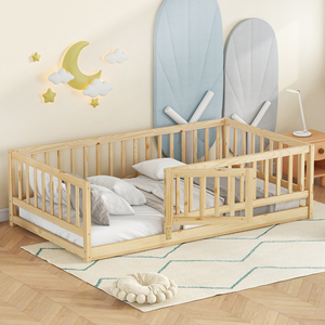 Montessori Floor <b>Bed</b> Twin Size Wood With Fence And Door Kids <b>Bed</b> - Product Image 1
