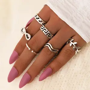 BINSHUO Return to the ancients silver alloy fashion rings geometric Open ring 6 piece silver ring designs for girl