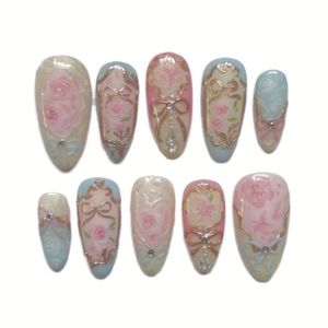 Lot de 30 faux ongles de luxe personnalisés avec logo, courts, en amande, à presser, avec pointe française, en gels souples, vente en gros - Product Image 1