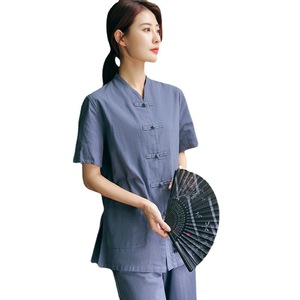 Vêtements <span class=keywords><strong>traditionnels</strong></span> <span class=keywords><strong>chinois</strong></span> Tang pour hommes et femmes, tenue de méditation Zen, coupe ample, manches courtes, uniforme de travail pour thérapeute en massage - Product Image 5