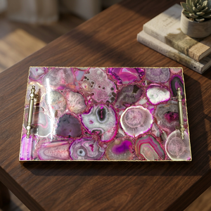 Plateau de service rectangulaire en agate rose fait main avec poignées en métal doré, décoratif, pour cuisine, table basse, présentation de luxe - Product Image 1